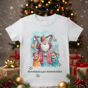 Uniek Sinterklaas Supporter T-shirt voor kids! Sint met clubvlag. Hét perfecte cadeau voor de jonge clubfan. Verkrijgbaar in Rood & Wit. Bestel snel!