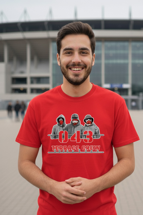 unisex T-shirt met de opdruk "043 TERRACE CREW" en drie gemaskerde figuren, verwijzend naar Maastricht.
