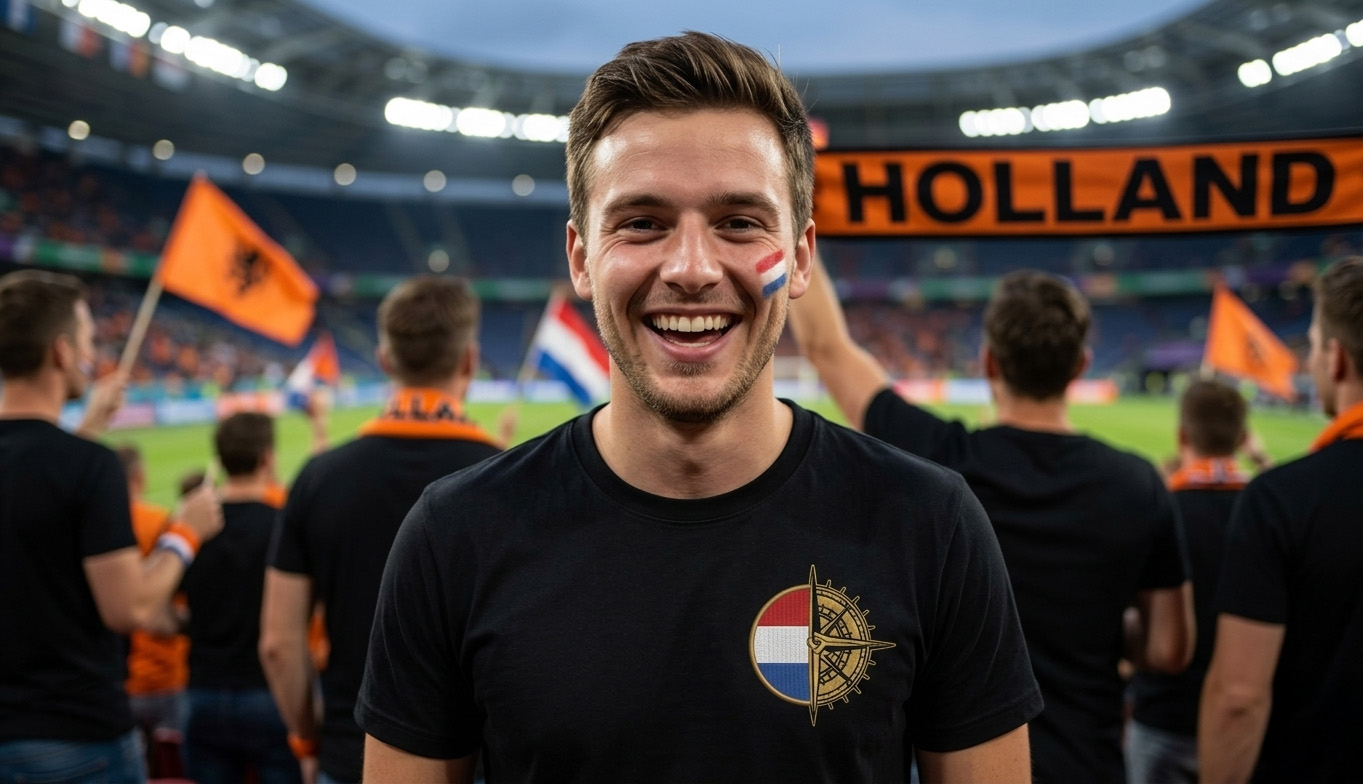 T-shirt met Nederlands vlag kompas logo in een vol voetbalstadion - Supporterskantine