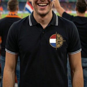 Zwart nauwsluitend heren poloshirt met een gecombineerd logo van de Nederlandse vlag en een gouden kompas op de borst.