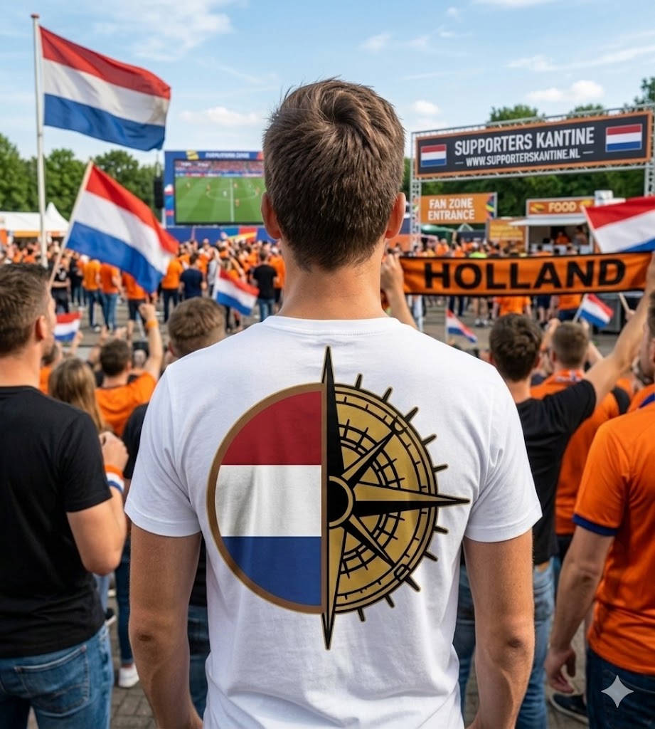 T-shirt met Nederlands vlag kompas logo in een vol voetbalstadion - Supporterskantine
