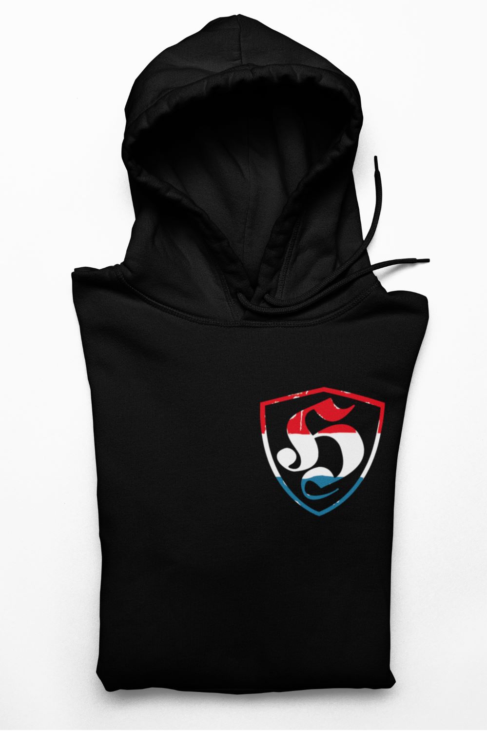 Hoodie met een schild-embleem in de kleuren van de Nederlandse vlag en een wit H-symbool dat staat voor Hooligan op de borst.