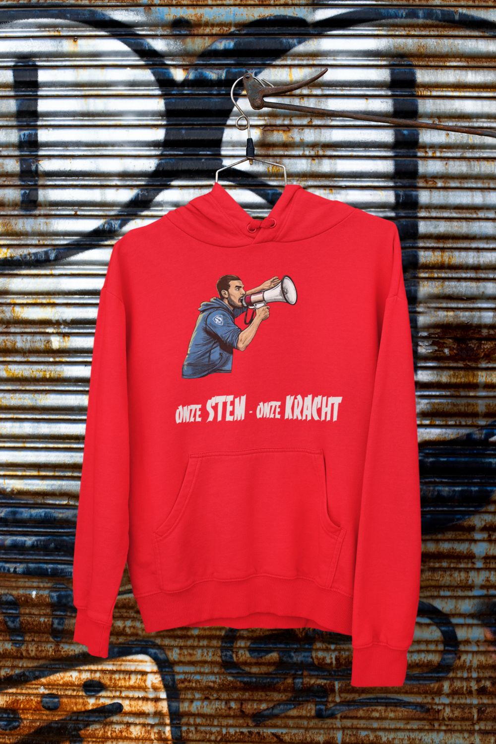 football ultra hoodie met megafoon supporter print en tekst Onze Stem Onze Kracht