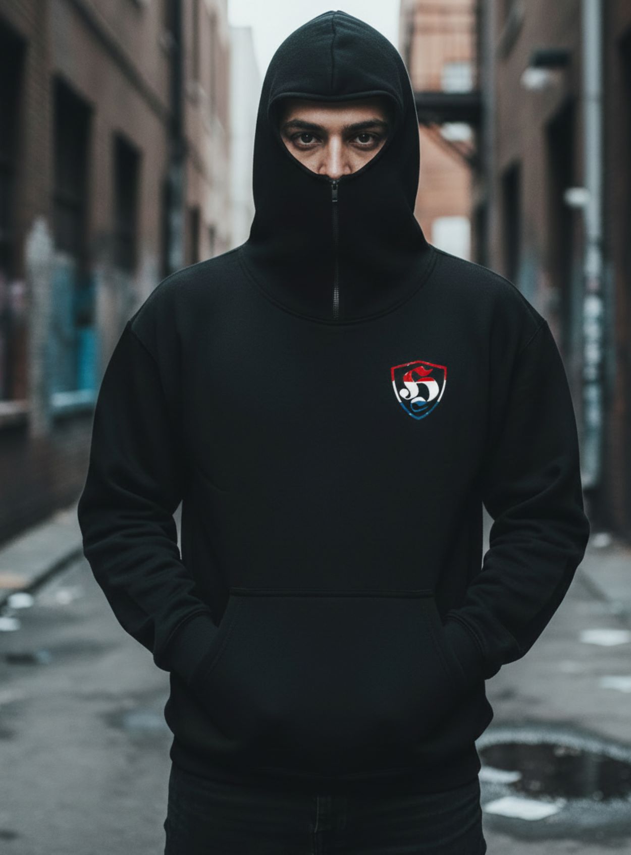Zwarte Ninja Fullface Hoodie met Nederlands vlaglogo in ultras streetwear stijl