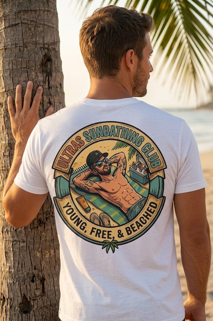Wit heren T-shirt met Ultras Sunbathing Club print en zomerse beach backprint